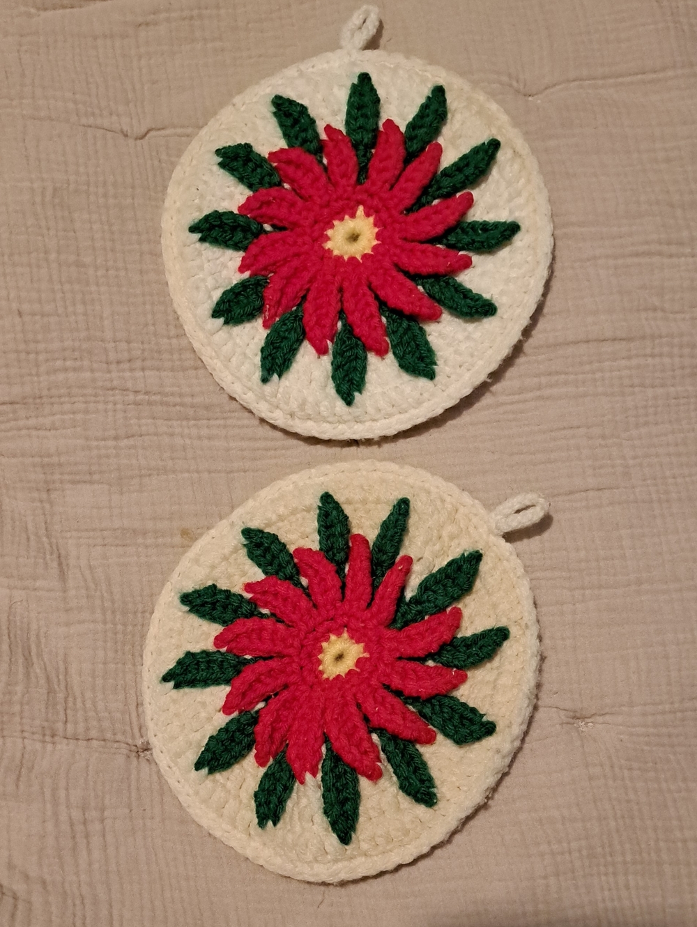 Handmade Cream Crochet Potholders with Red Flower and Green Leaves